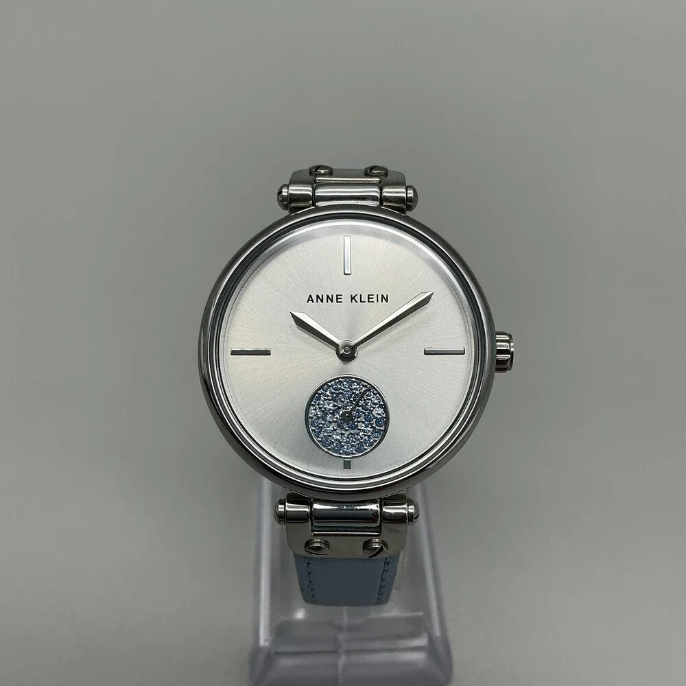 Anne Klein Womens Watch 34mm Silver Tone Blue Leather AK/3384 New Battery